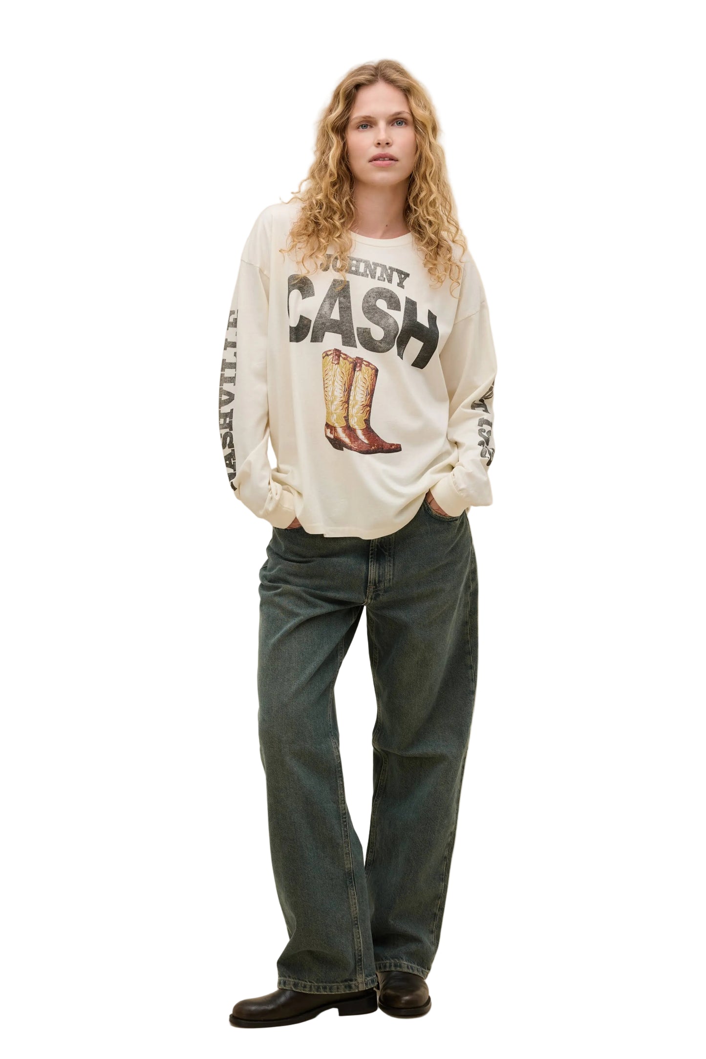 Daydreamer "Johnny Cash 1932 Boots Merch Long Sleeve Tee" Womens - Stone Vintage