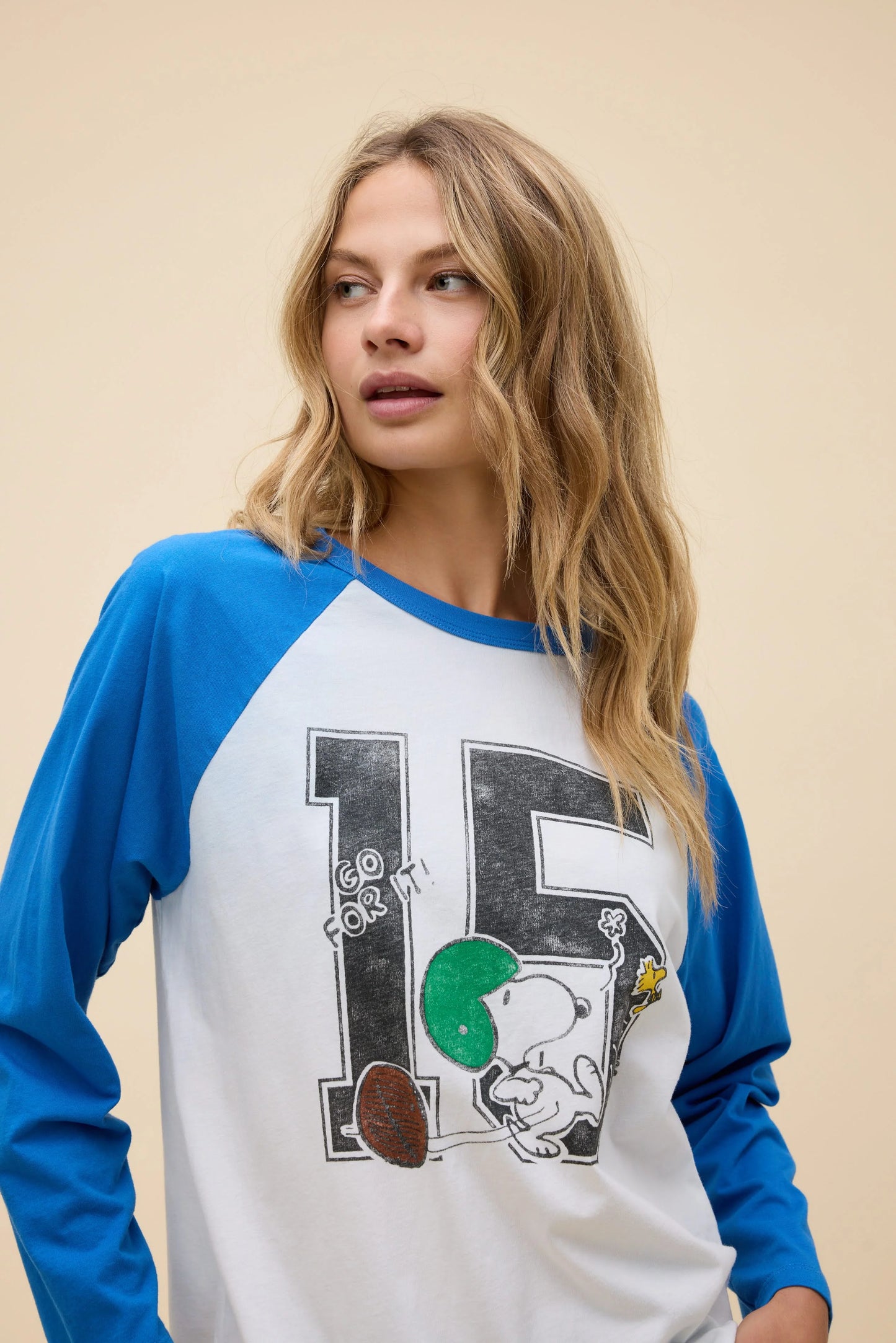 Daydreamer "Peanuts Go For It Oversized Raglan Long Sleeve" Womens - Cobalt Blue